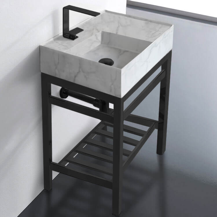 Scarabeo 5114-F-CON2-BLK Modern Marble Design Ceramic Console Sink and Matte Black Base